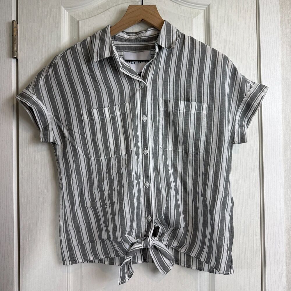 Lola River Tencel Linen Button Up Tie Front Top Gray Stripe Women's XS - NWT